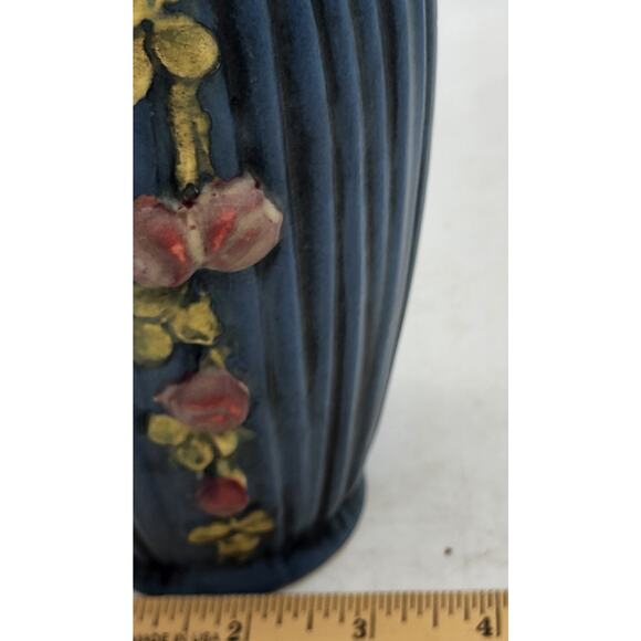 Vintage Weller Pottery Vase Blue Pleated Drapery With Vine Pink Roses 7” VG Cond - Picture 7 of 7